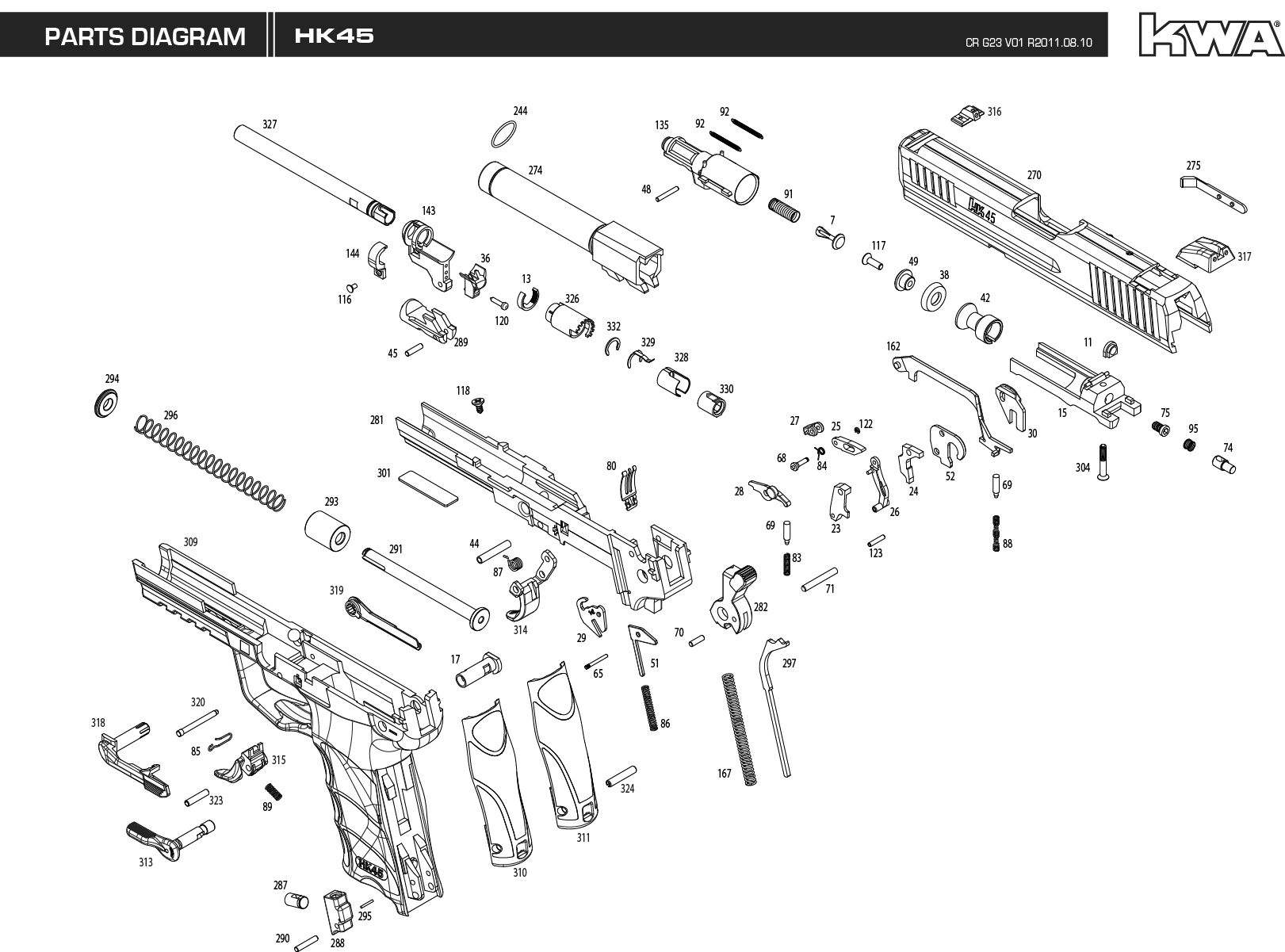 Hk45 Kwa Parts Pistol Diagram Manual Hk Drawing Airsoft Gun Explosion Gas E...